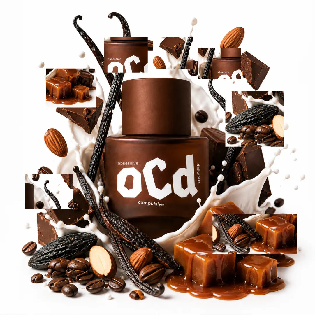 A glossy dark brown cosmetic bottle labeled 'oCd' centered on a white background, surrounded by chocolate splashes, vanilla beans, almonds, coffee beans, and caramel pieces. The bottle has large white 'oCd' lettering and smaller text reading 'obscurel' and 'conipure'.