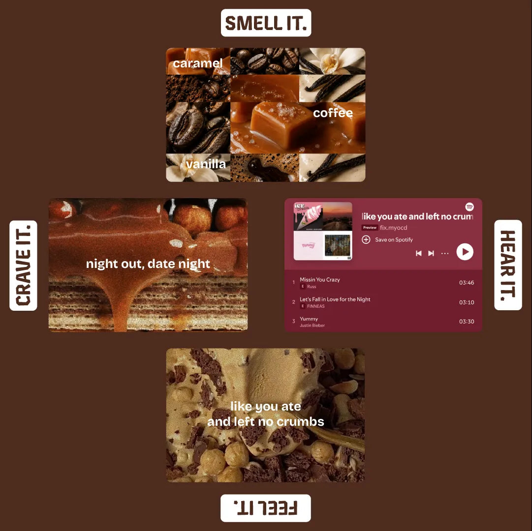 A brown-themed collage showing scent and mood associations for a fragrance or scent profile. The layout includes labeled swatches for caramel, coffee, vanilla, night out, date night, and lyrics from the song 'Like You ate and left no crumbs' on Spotify, with vertical text reading SMELL IT, CRAVE IT, HEAR IT, and FEEL IT.