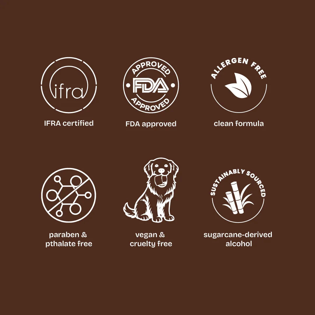 A brown square graphic with six white circular icons and text badges, including IFRA certified, FDA approved, clean formula, allergen free, paraben & pthalate free, vegan & cruelty free, and sustainably sourced.