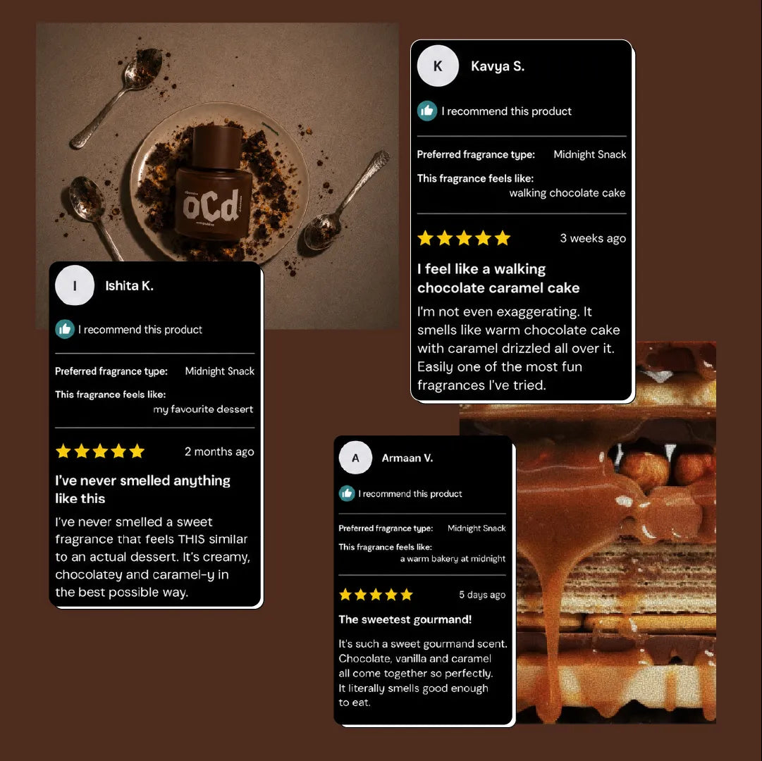 A collage of four user review cards with ratings and text, set over a dark brown background with a chocolate-dripped plate and a small cup labeled 'oCd' at the top left.